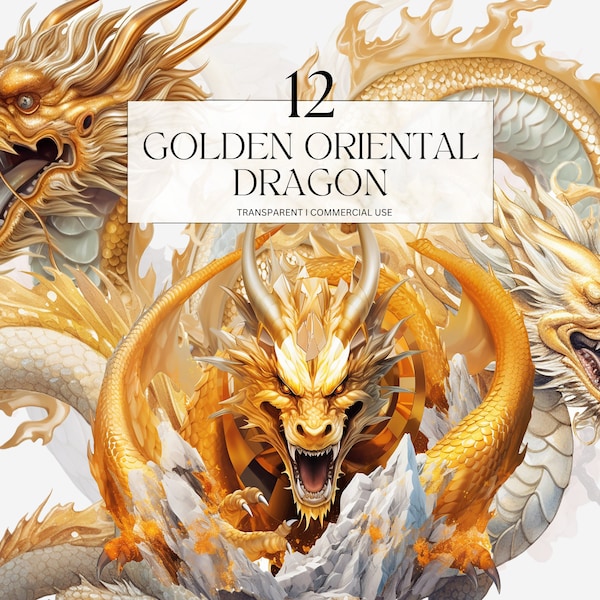 Watercolor Gold Oriental Dragon Clipart, Printable Magical Fantasy Art Print, Commercial Use Junk Journal Handmade Digital Download png svg