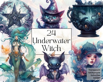 Watercolor Underwater Witch Png Clipart, Printable Deep Sea Dark Academia Pagan Art Print Decor, Fantasy Ocean Magic Junk Journal Ephemera