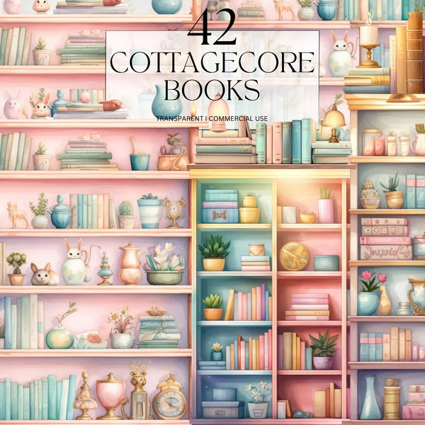 Akwarela Cottagecore książki clipart, przytulny kącik do czytania PNG, biblioteka półka na książki druk cyfrowy do pobrania SVG do użytku komercyjnego
