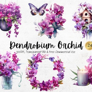 Aquarell Dendrobium Orchidee Clipart, druckbare lila Frühlingsblume Kunstdruck Png Natur Botanische Blumen Junk Journal Handgemachte Digitale Svg