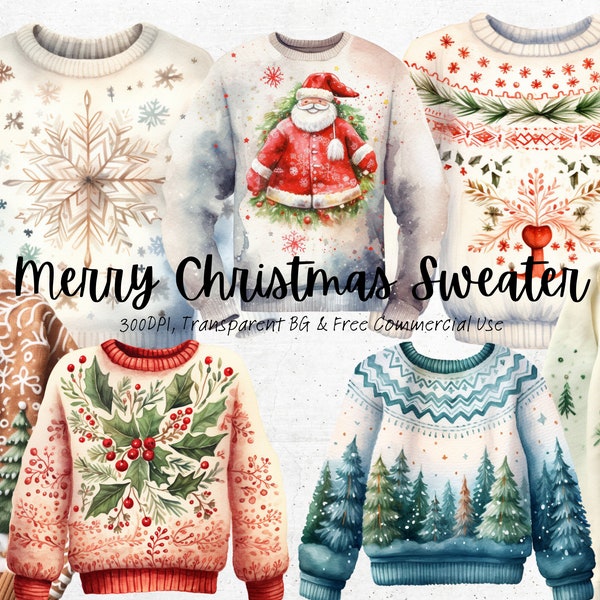 Watercolor Merry Christmas Sweater Clipart, Printable Knitted Jacket Png, Christmas Eve Art Print Digital Download Svg Free Commercial Use