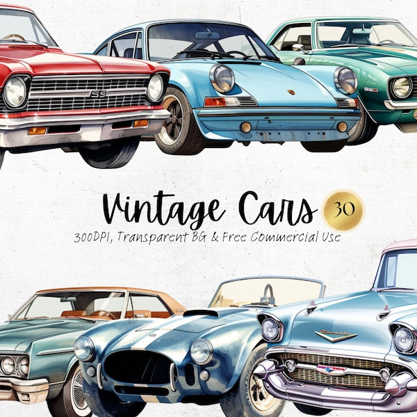 Watercolor Vintage Cars clipart, Printable 1920s 1950s Retro Classic Png, Old School Car Art Print Digital Download Svg Free Commercial Use