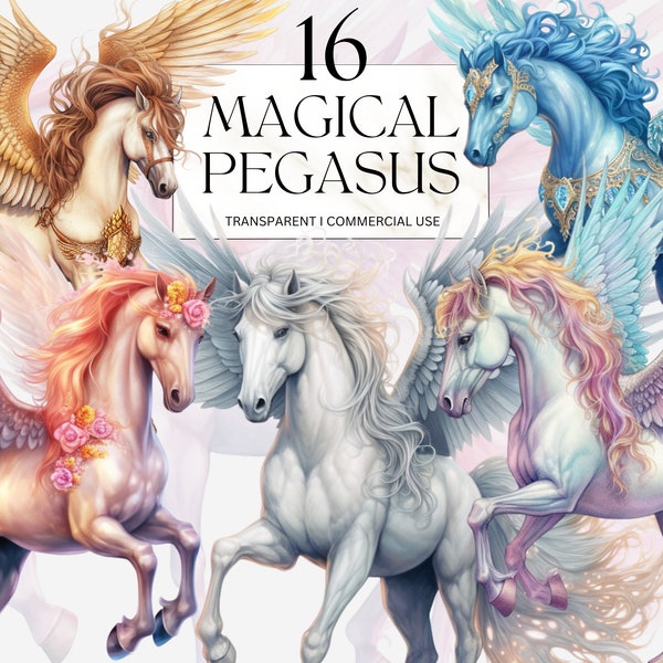 Watercolor Pegasus Clipart, Printable Magical Horse Rainbow Colorful Art Print Commercial Use Junk Journal Handmade Digital Download png svg