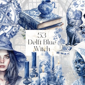 53 Watercolor Delft Blue Witch Png Clipart, Printable Wicca Pagan Art Decor Invitation Print, Fantasy Gothic Halloween Junk Journal Ephemera