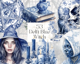 53 Watercolor Delft Blue Witch Png Clipart, Printable Wicca Pagan Art Decor Invitation Print, Fantasy Gothic Halloween Junk Journal Ephemera