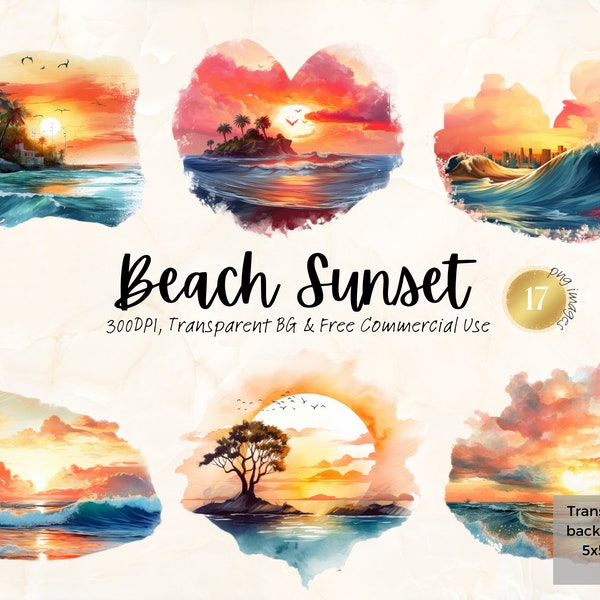 Watercolor Beach Sunset Clipart Tropical Vacation Travel Ocean Digital Graphic Junk Journal Handmade Png Svg Instant Download Commercial Use