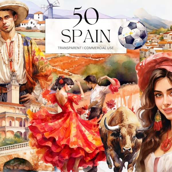 Watercolor Spain Clipart, Printable Europe Toreador Png, Spanish Travel Itinerary Art Print Salsa Junk Journal Handmade Digital Download Svg