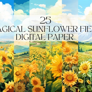 Carta digitale acquerello campo di girasole magico, Png botanico stampabile, fiore perenne stampa artistica Download digitale Svg uso commerciale