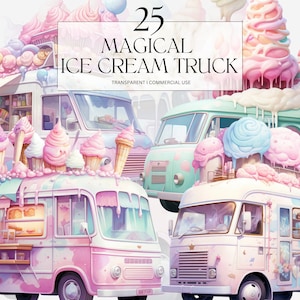 Watercolor Magical Ice Cream Truck clipart, Printable Fantasy Fairytale Van Png, Enchanted Art Print Digital Download Svg Commercial Use