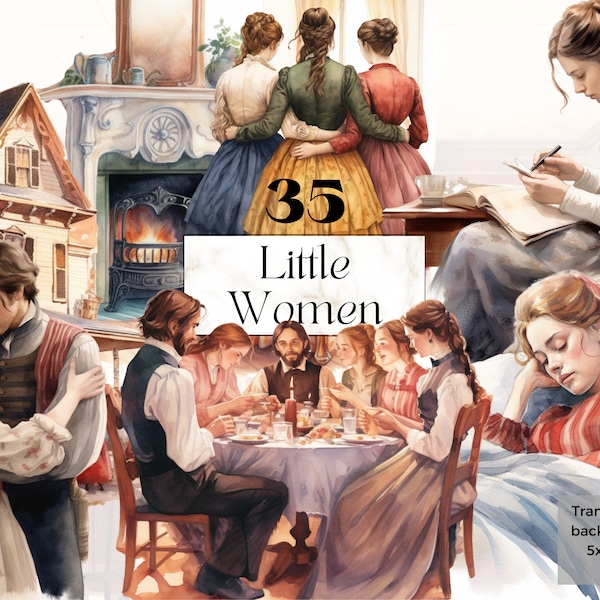 Watercolor Little Women Clipart Png, Sisters Clipart, Printable 18th Century Novel svg, US Civil War Era, Sisterhood Junk journal handmade