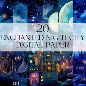 Aquarelle Enchanted Night City Papier numérique, Paysages urbains magiques imprimables Png, Metropolis Art Print Téléchargement numérique Svg Utilisation commerciale