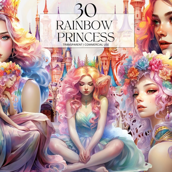 Watercolor Rainbow Princess clipart, Printable Goddess Iris Png, Pastel Fantasy Fairytale Art Print Digital Download Svg Commercial Use