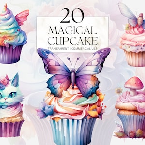 Pastell magische Cupcake Aquarell Clipart druckbare Kawaii Geburtstag Regenbogen Süßigkeiten Junk Journal handgemacht digitaler Download Png SVG kommerzielle