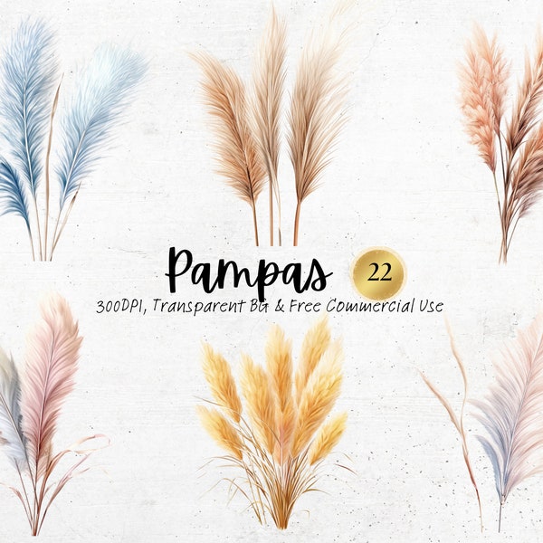 Watercolor Pampas Clipart, Printable Pastel Cortaderia Selloana Png, Plum Ornamental Grass Art Print Digital Download Svg Commercial Use