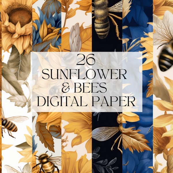 Watercolor Sunflower Bees Digital Paper, Printable Autumn Harvest Png, Warm Floral Art Print Digital Download Svg Commercial Use