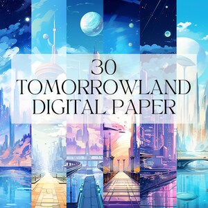 Aquarelle Tomorrowland Papier numérique, Ville futuriste imprimable Png Fantasy Future Cityscapes Art Print Téléchargement numérique Svg Utilisation commerciale