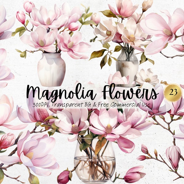 Clipart de fleurs de Magnolia aquarelle, imprimable Rose Nature botanique Png, impression d’Art magique Floral téléchargement numérique Svg utilisation commerciale gratuite