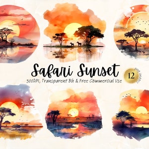Aquarelle Safari Sunset Clipart Sunrise Africa Vacation Travel Digital Graphic Art Télécharger Junk Journal Handmade Png Svg Utilisation commerciale