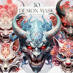 Aquarelle Demon Mask Clipart, Décorations d’horreur fantastiques imprimables Png Mystical Hell Creature Art Print Digital Download Svg Utilisation commerciale