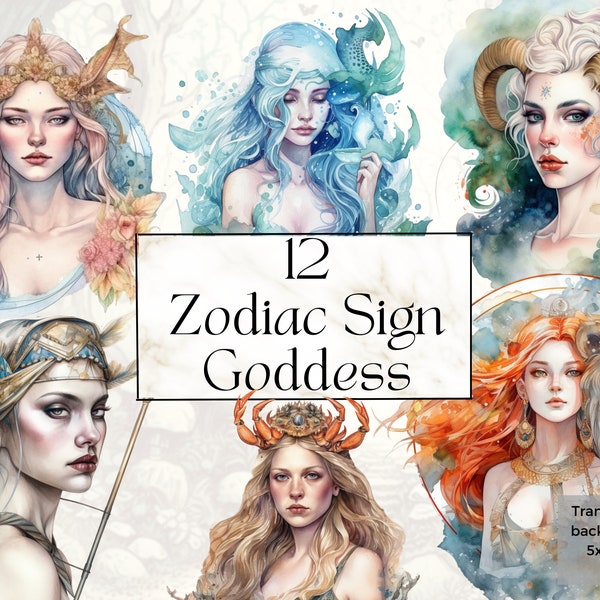 Watercolor Zodiac Sign Goddess Png Clipart, Printable Astrology Goddess Art Print Decor, Fantasy Magic and Celestial Junk Journal Ephemera