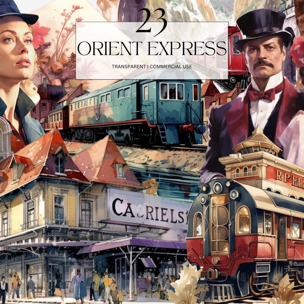 Aquarel Orient Express clipart, Afdrukbare Vintage Ephemera Png, Antieke Ansichtkaart Art Print Digitale Download Svg Commercieel Gebruik