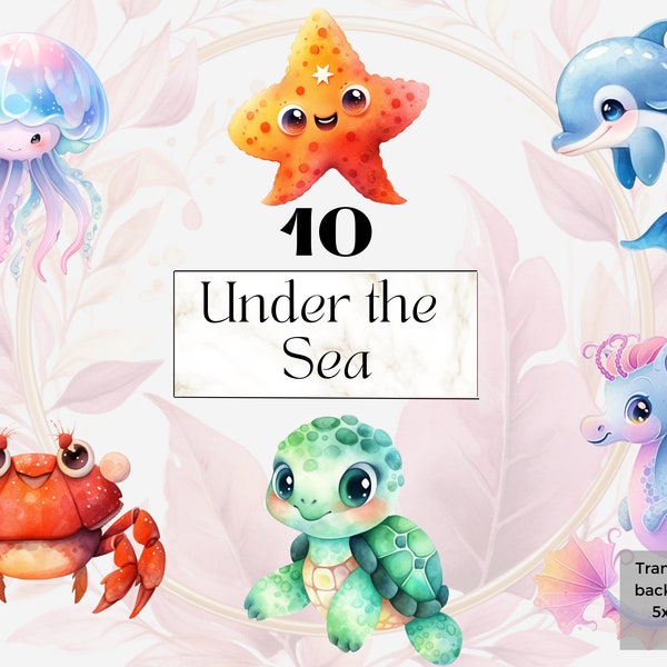 Under the Sea Clipart Printable, Watercolor Fish Clipart, Dolphin clipart, Sea animal png clipart, Sea animal birthday party, Octopus, Shark