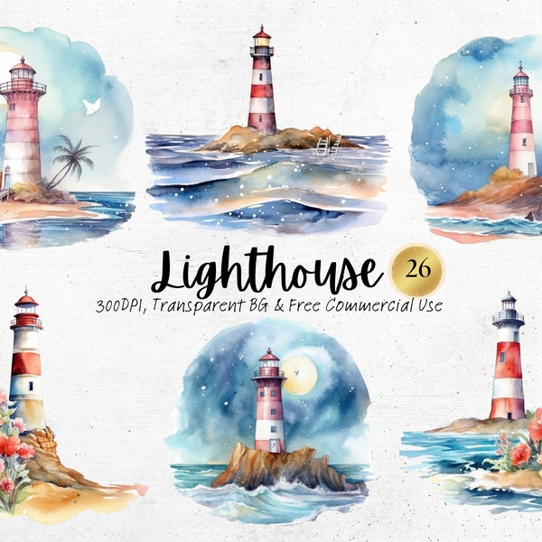 Watercolor Lighthouse clipart, Printable Citadel Fortress Png, Beacon Observation Post Art Print Digital Download Svg Free Commercial Use