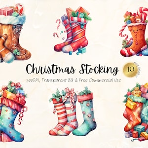 Akwarela świąteczna skarpeta Clipart do wydrukowania Xmas grudzień Fantasy Sock Art Junk Journal Handmade Png Svg Cyfrowe pobieranie Komercyjne użycie