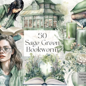 Aquarell Salbei grün Bücherwurm Png Clipart, bedruckbare Lese Buch Club Art Decor Print svg, Bibliothek Licht Academia Junk Journal Ephemera