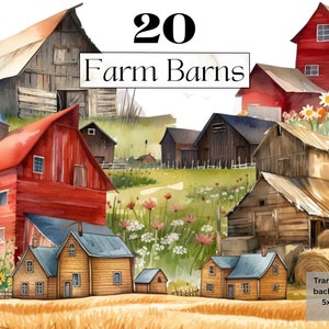 Aquarelle Farm Barns Clipart Png, Printable Rustic Farmhouse Landscape & Scenery Painting, Western Cowboy décor svg, Junk journal fait à la main