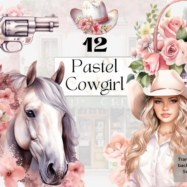 Watercolor Pastel Cowgirl Clipart, Printable Cowgirl Floral Wedding Png,  Rustic Wedding Invitation, Junk Journal Homemade, Pink Cowgirl Svg