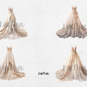 Printable digital instant download png svg, watercolor Boho Wedding Dress Digital Art painting, illustration clipart art prints. Suitable for sublimation design junk journal, scrapbooking, planner stickers, collage, paper crafts n card making.