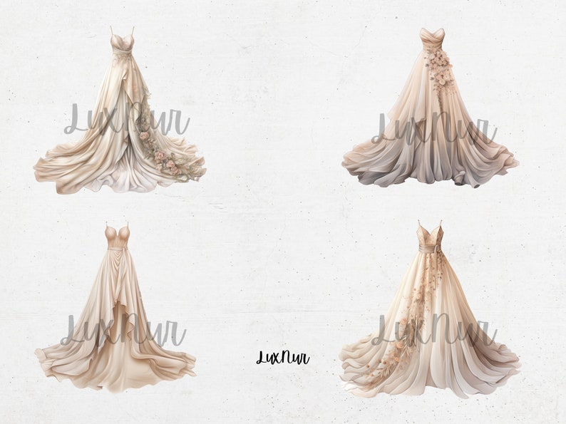 Printable digital instant download png svg, watercolor Boho Wedding Dress Digital Art painting, illustration clipart art prints. Suitable for sublimation design junk journal, scrapbooking, planner stickers, collage, paper crafts n card making.