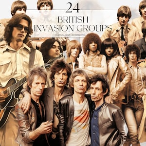 Clipart de grupos de invasão britânica em aquarela, musical retrô para impressão The Who Png, The Beatles Art Print Download digital Svg uso comercial