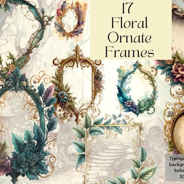 Aquarelle Floral Or vintage Ornate Frames Clipart, Imprimable Square Circle Christmas Frame Wall Art Decor Svg, Junk Journal Ephemera png