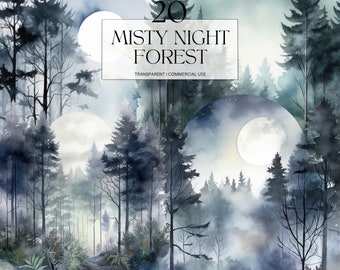 Watercolor Misty Night Forest clipart, Printable Fantasy Magical Png, Nature Forest Art Print Digital Download Svg Commercial Use