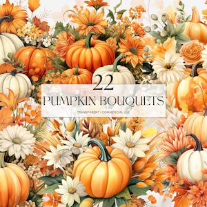 Aquarelle Bouquets de citrouille Clipart, Imprimable Floral Ephemera Png, Fall Squash Thanksgiving Art Print Digital Download Svg Utilisation commerciale