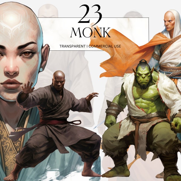 Watercolor Monk Clipart Printable Dungeons and Dragons DnD RPG Game Character Fantasy Warrior Monk Art Junk Journal Png Svg Instant Download