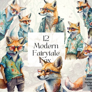 Moderne Fairytale Gekleed Fox PNG Clipart, Afdrukbare Aquarel Fox met Bril Wall Art Print, Fantasy Junk Journal Ephemera, Digitale svg