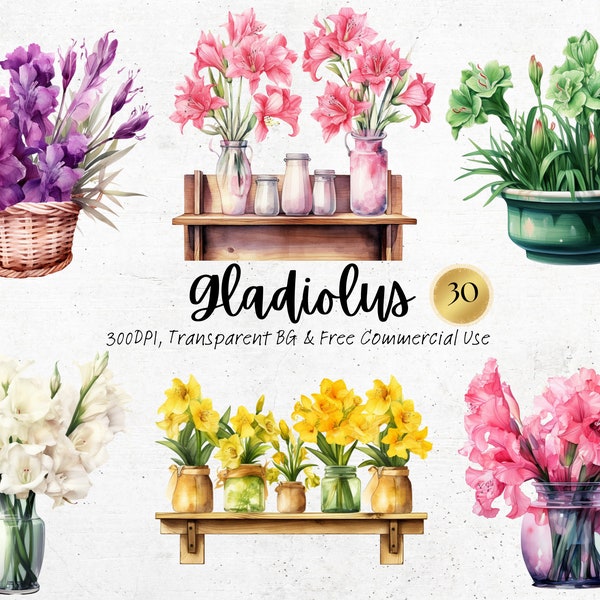 Watercolor Gladiolus Clipart, Printable Gladioli Floral Spring Flower Art Print Png, Nature Botanical Junk Journal Handmade Digital Download