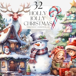 Holly Jolly Weihnachten Aquarell Clipart Printable Weihnachtsmann Rudolph Elf Weihnachten Junk Journal Handgemachter Digitaler Download Png SVG Kommerziell