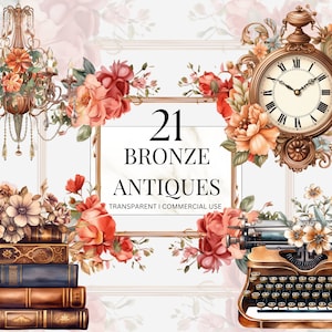 Aquarelle Bronze Antique Clipart vintage Shabby Floral victorien Cottagecore en téléchargement numérique Junk Journal fait main Png Svg à usage Commercial