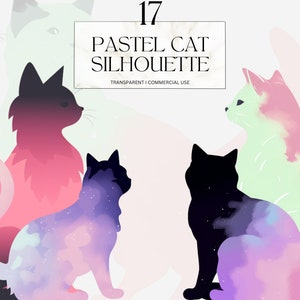 Watercolor Pastel Cat Silhouette clipart, Printable Kawaii Ragdoll Png, Starry Kitten Art Print Digital Download Svg Free Commercial Use