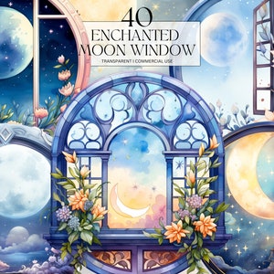 Aquarell verzauberter Mond Fenster Clipart, druckbare Fantasy Mondschein Png, kosmische Fensterbank Art Print digitaler Download SVG kommerzielle Nutzung