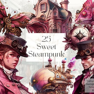 Acquerello dolce rosa Steampunk Png Clipart, acquerello stampabile vittoriano Steampunk stampe d&#39;arte Decor, Fantasy Junk Journal Supply Ephemera