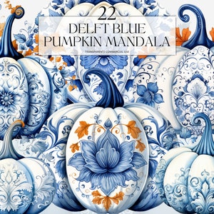Aquarelle Delft Blue Pumpkin Mandala Clipart, Imprimable Cozy Wedding Pumpkin Png, Seamless Art Print Digital Download Svg Utilisation commerciale