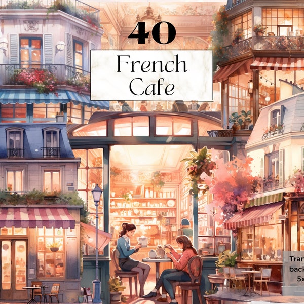 Watercolor French Cafe Clipart, Printable Parisian Restaurant, Cafe interior clipart, Café Window PNG, Food Clipart, Junk Journal Handmade