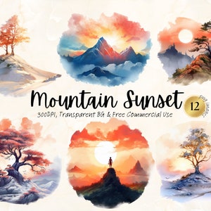 Aquarelle montagne coucher de soleil Clipart lever du soleil randonnée vacances voyage Art graphique numérique téléchargement indésirable Journal fait à la main Png Svg usage Commercial