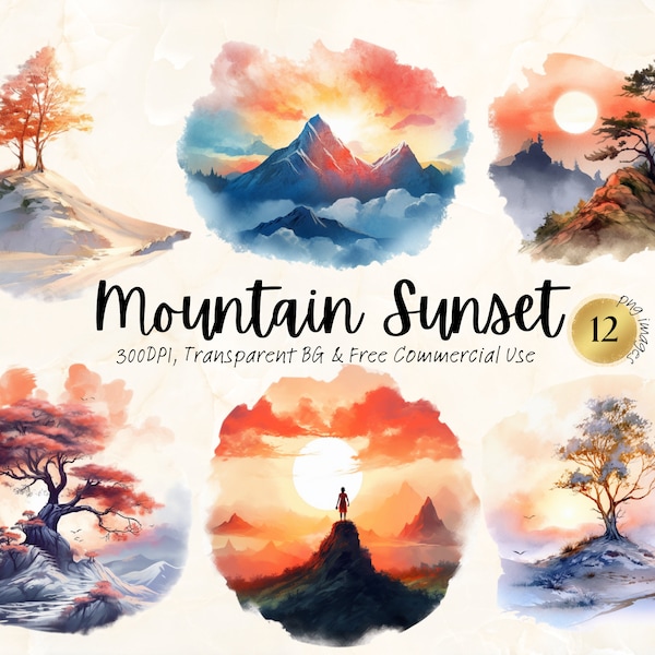 Watercolor Mountain Sunset Clipart Sunrise Hiking Vacation Travel Digital Graphic Art Download Junk Journal Handmade Png Svg Commercial Use