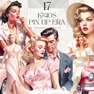 Aquarela 1940 Pinup Clipart, impressão de arte retro da moda de Hollywood dos anos 40 para impressão, vintage ww2 png Junk Journal Handmade Digital Download svg